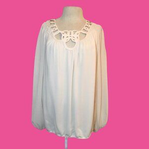 Mac Studio White Blouse With Cutout Neckline & Balloon Sleeves XL Polyester Wove